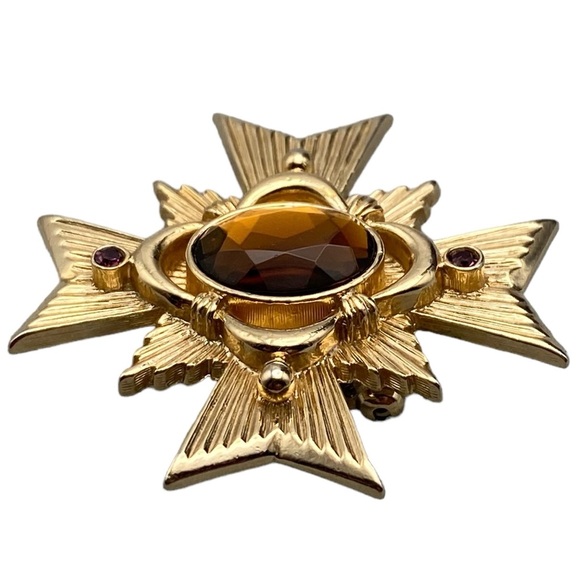 VTG 1983 Avon Allegro Maltese Cross Pendant/Brooch Topaz Color Oval Rhinestone - Picture 3 of 11